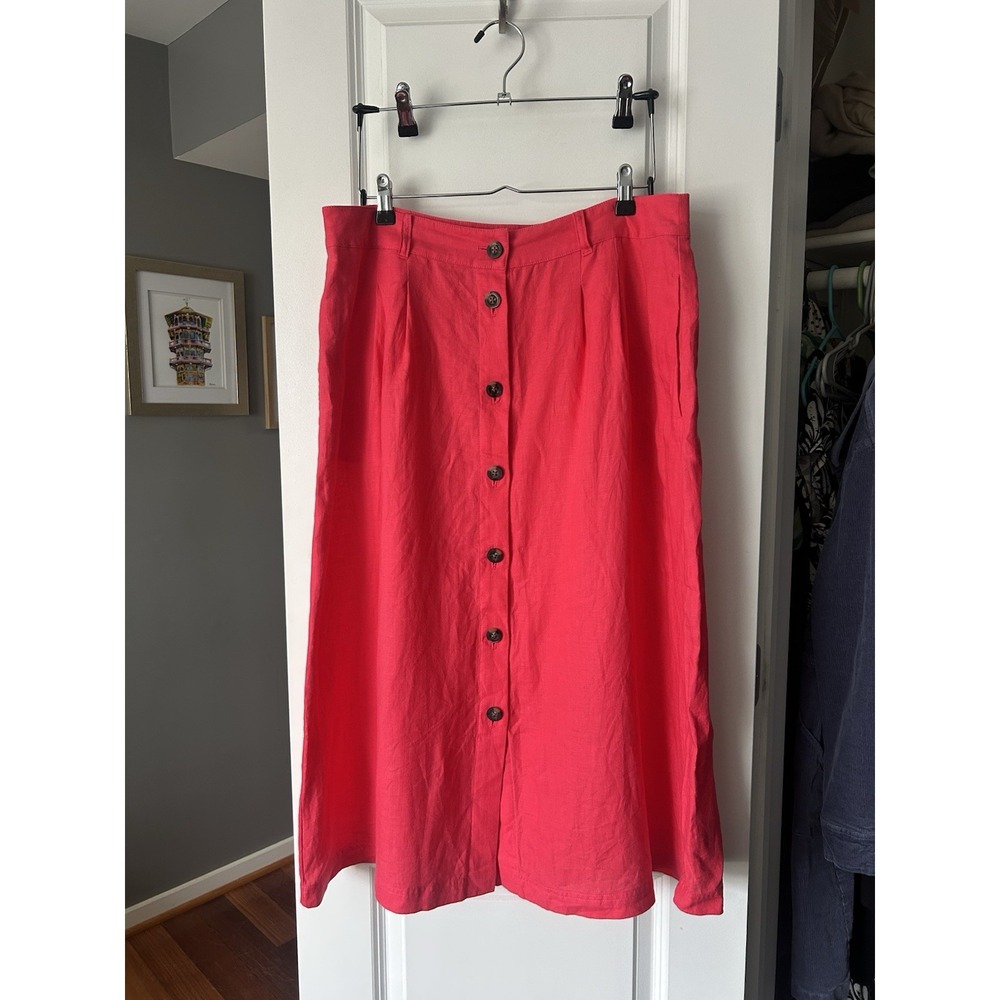 Boden Thomasina Pink 100% Linen Midi Skirt Button Up Size US 12R